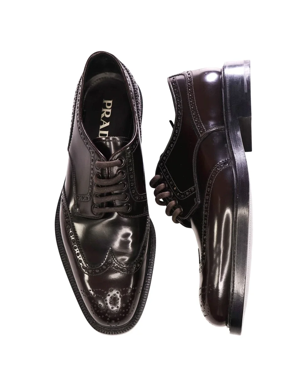 $1,190 PRADA - Brown Leather Brogue Wingtip Derby - US 8 (7UK)